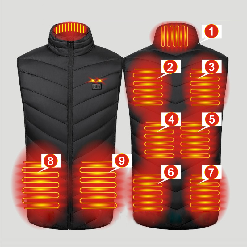 Outdoor Hunting Heater - เสื้อกั๊กอุ่น 9 จุดสำหรับฤดูหนาว เสื้อกั๊กสำหรับตั้งแคมป์และล่าสัตว์กลางแจ้งสำหรับผู้ชาย เสื้อแจ็คเก็ตทำความร้อนด้วยไฟฟ้าแบบ USB