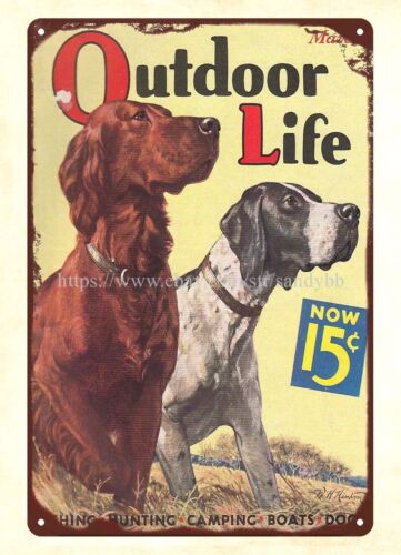 Hunting Dog Outdoor Shop - ป้ายโลหะลายสุนัขล่าสัตว์จากนิตยสาร OUTDOOR LIFE ปี 1936 สำหรับตกแต่งบ้านและร้านค้า
